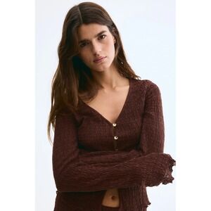 HM Womens Textured Crinkle Cardigan Top Brown Gold Button V-Neck Large 1283685-1